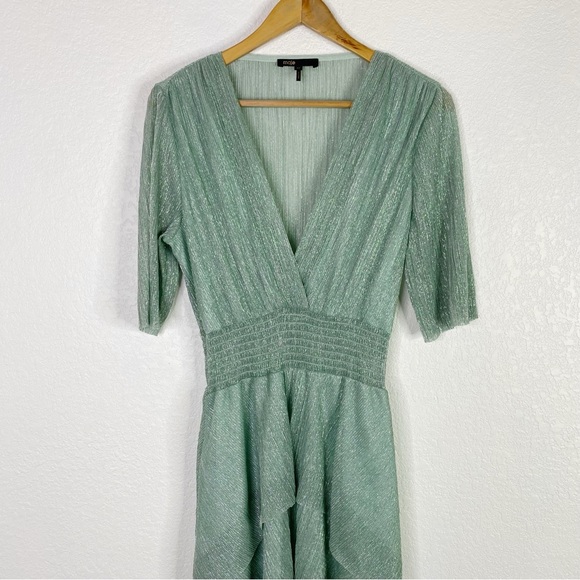 Maje Green Stretch Lurex Ruffled Midi Dress - Picture 3 of 8